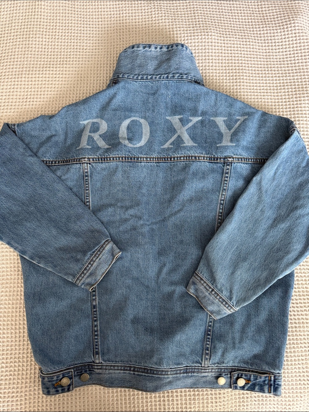 Roxy Girls' Washed Blue Denim Trucker Jacket with Large Back Logo